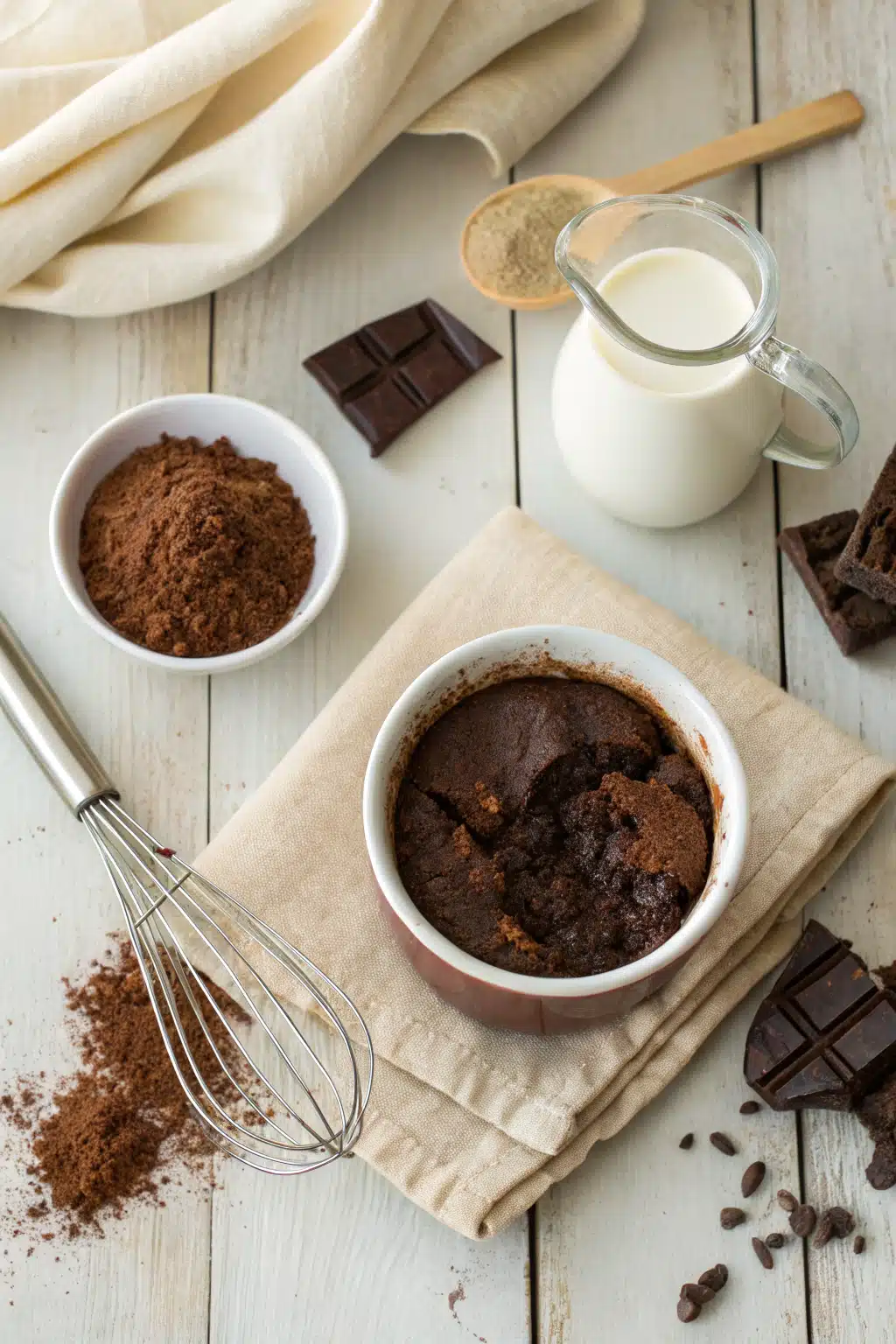 Easy Chocolate Mug Cake beautifully presented from an overhead angle