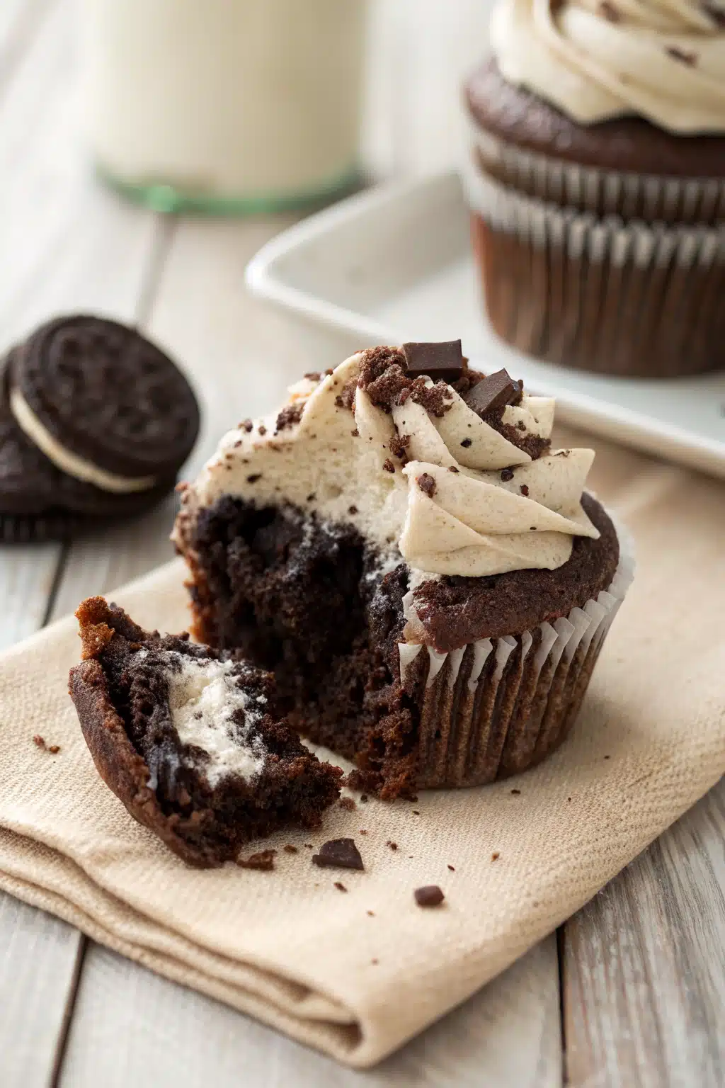 Oreo Cupcake Recipe slice on plate showing perfect texture and swirl pattern