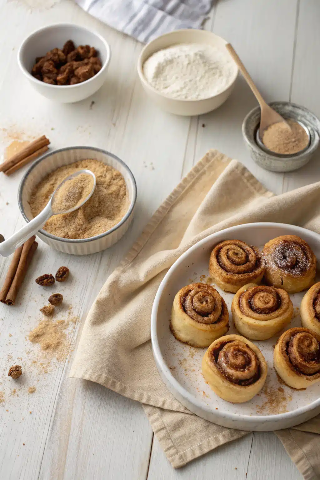 Cinnamon Roll Bites beautifully presented from an overhead angle