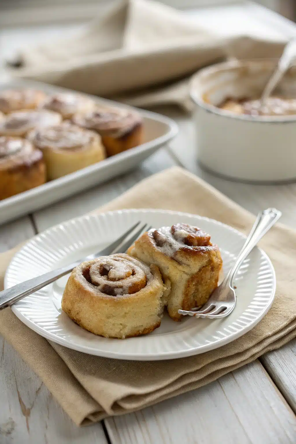 Cinnamon Roll Bites ingredients organized and measured on kitchen counter