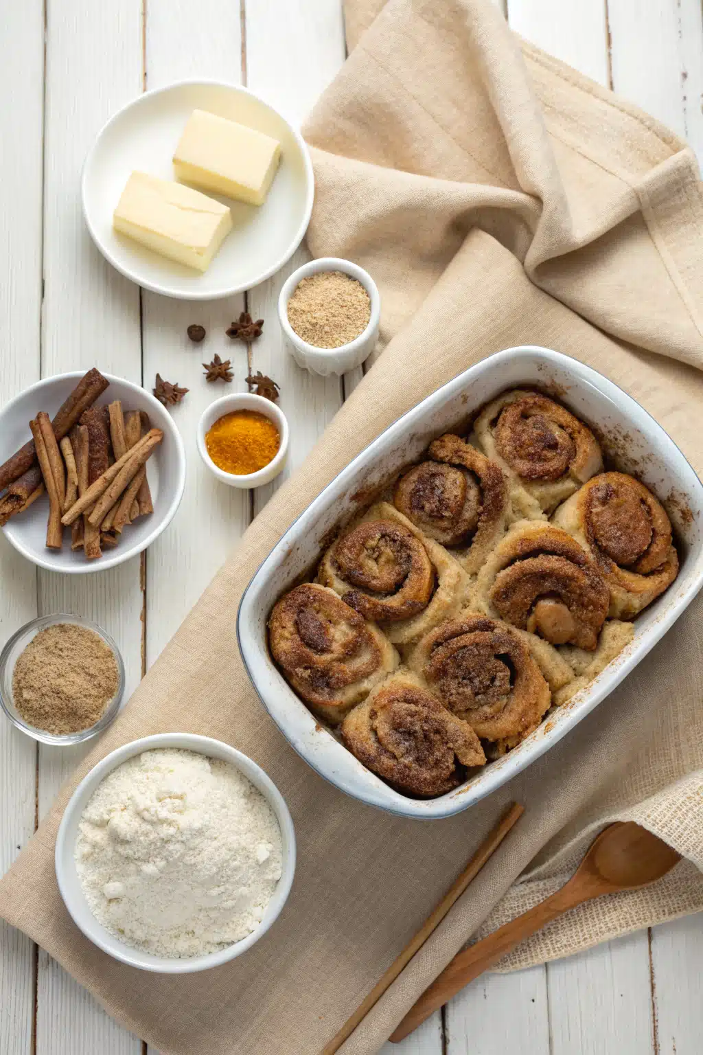Cinnamon Roll Casserole beautifully presented from an overhead angle