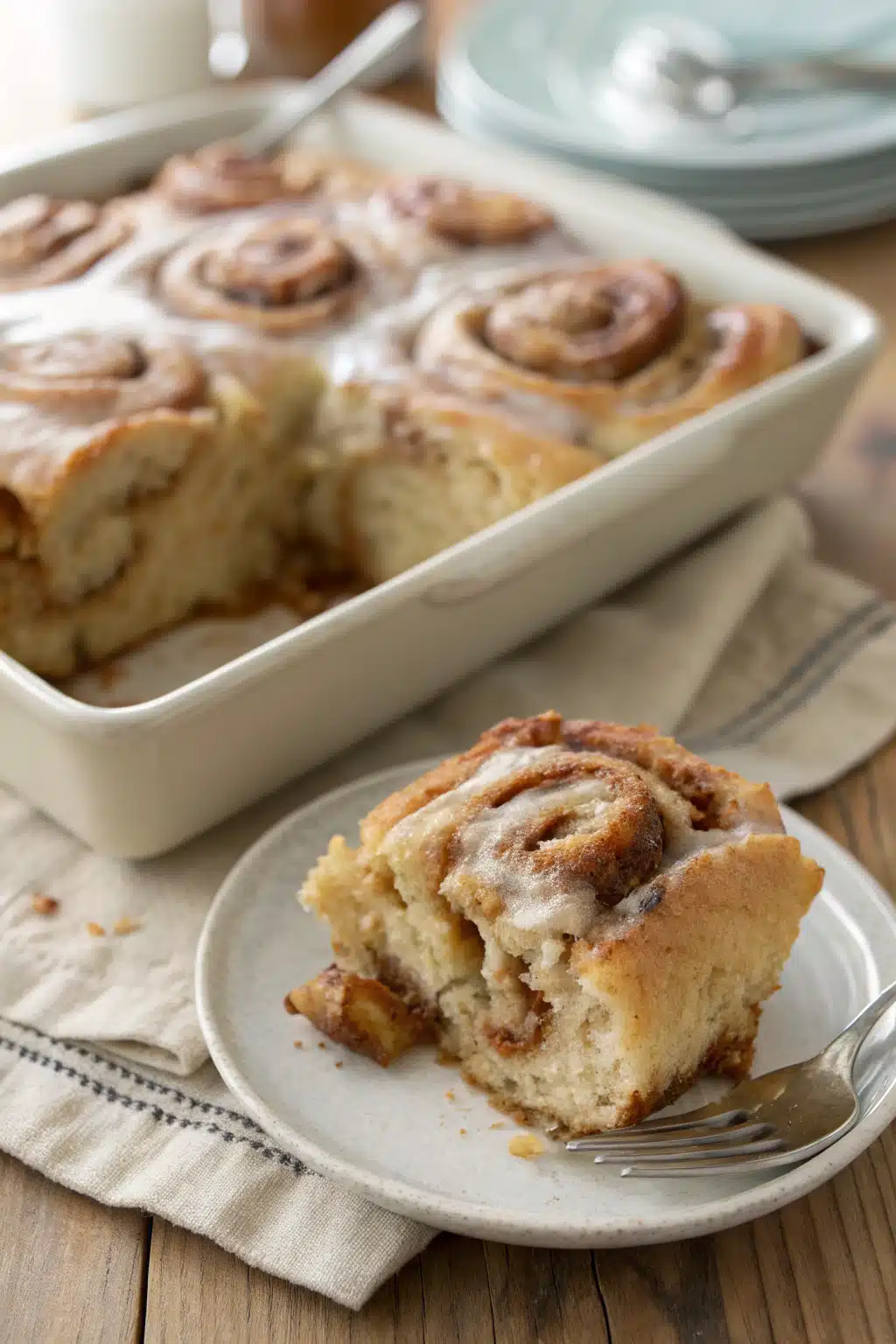 Cinnamon Roll Casserole slice on plate showing perfect texture and swirl pattern