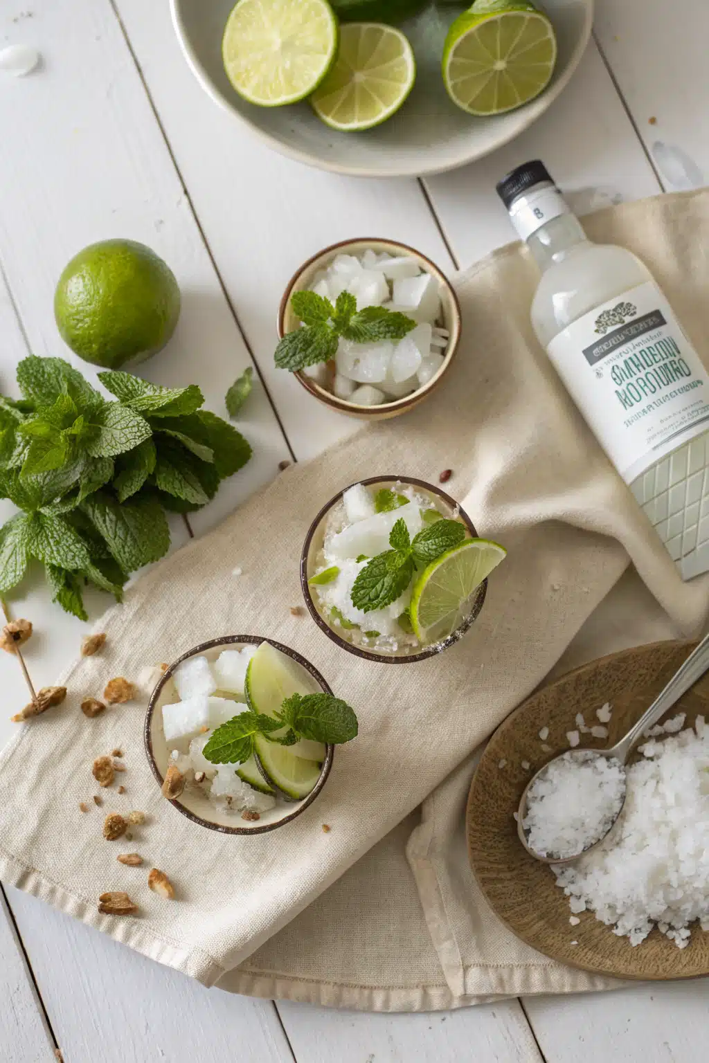 Coconut Rum Mojito beautifully presented from an overhead angle