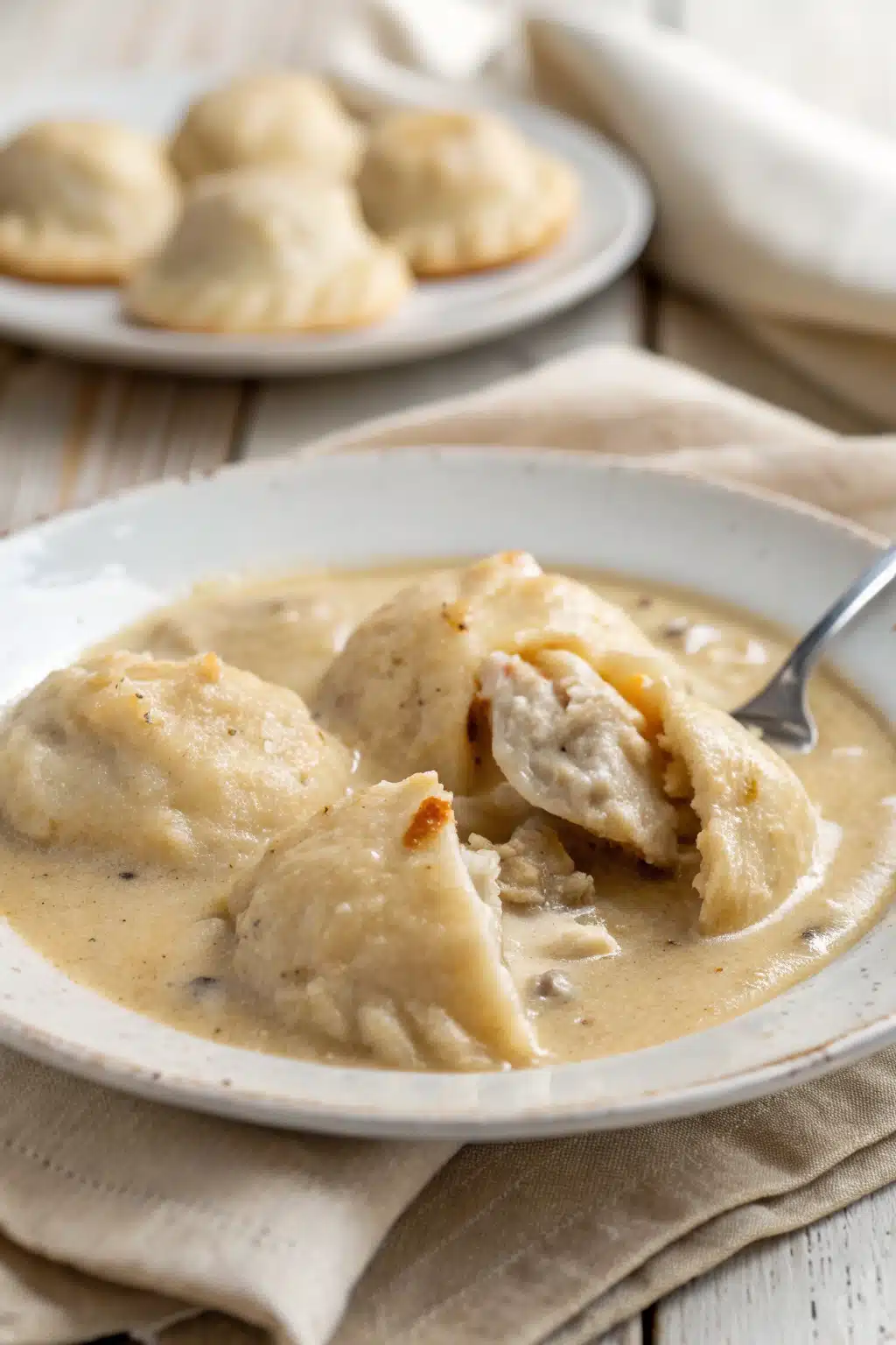 Copycat Cracker Barrel Chicken and Dumplings slice on plate showing perfect texture and swirl pattern