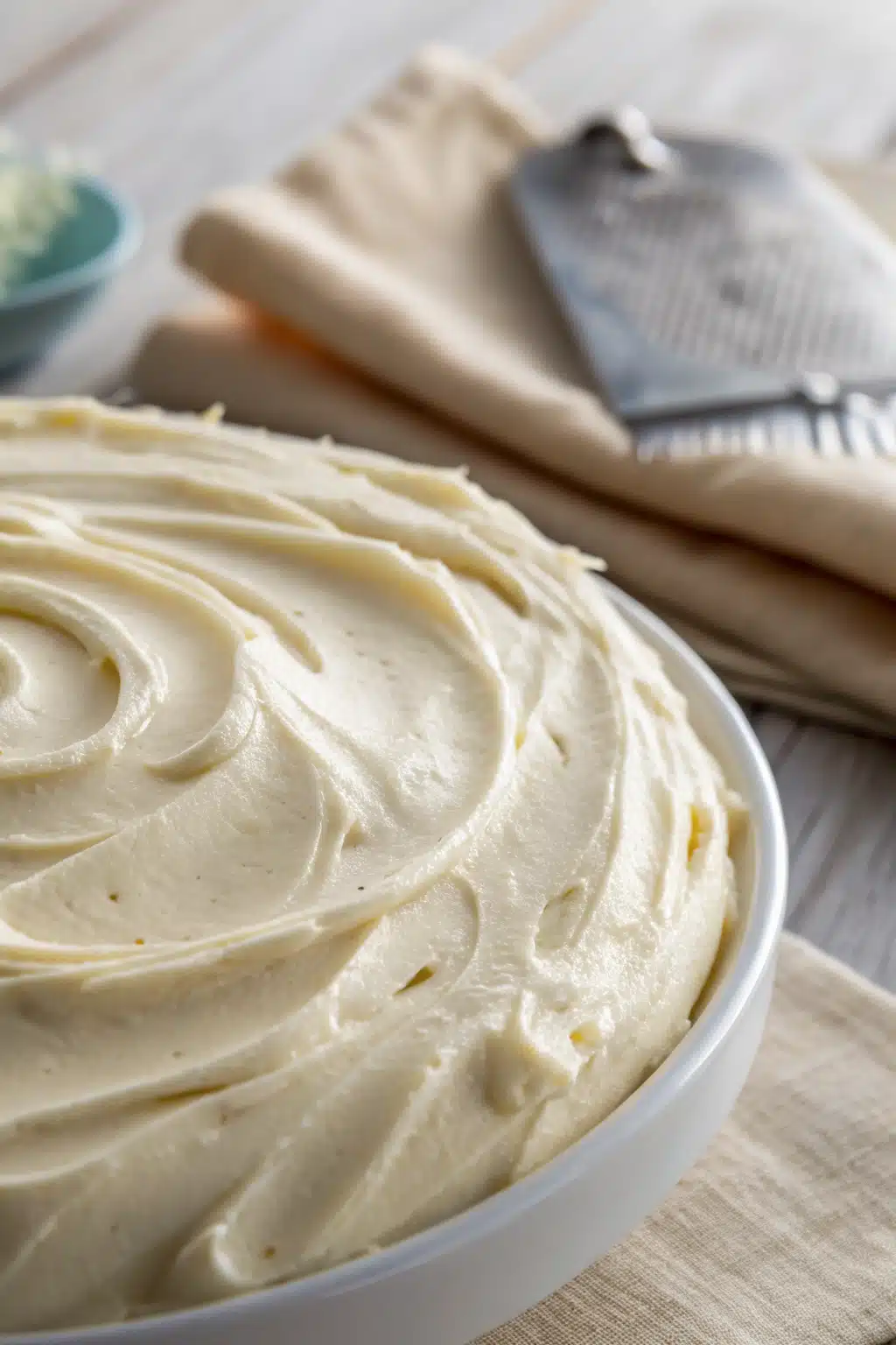 Cream Cheese Frosting slice on plate showing perfect texture and swirl pattern