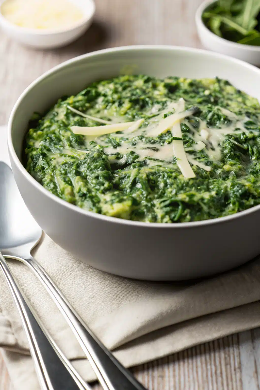Creamed Spinach Recipe slice on plate showing perfect texture and swirl pattern