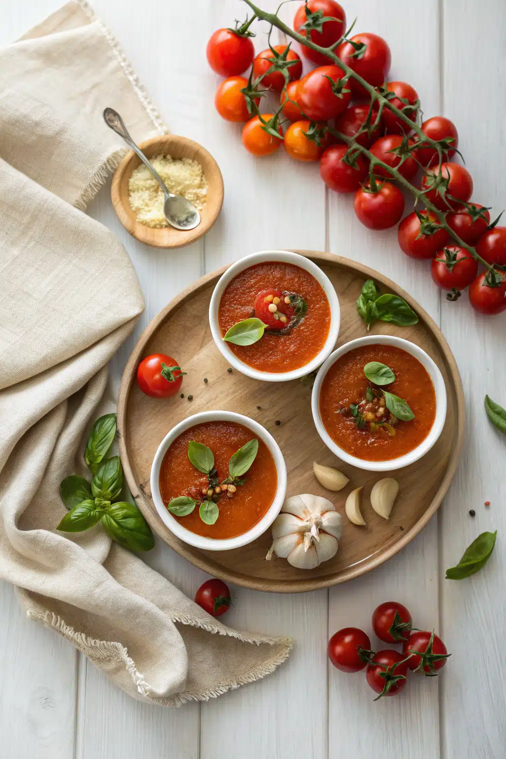 Roasted Tomato Soup beautifully presented from an overhead angle