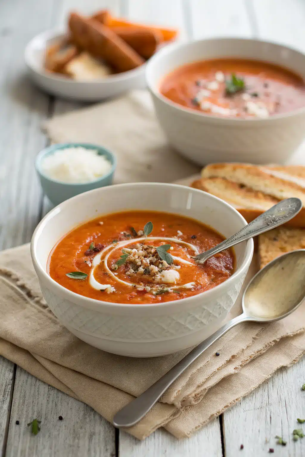 Roasted Tomato Soup ingredients organized and measured on kitchen counter