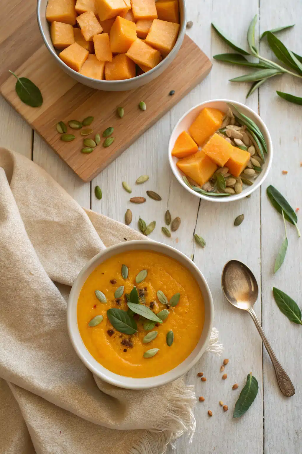 Roasted Butternut Squash Soup beautifully presented from an overhead angle