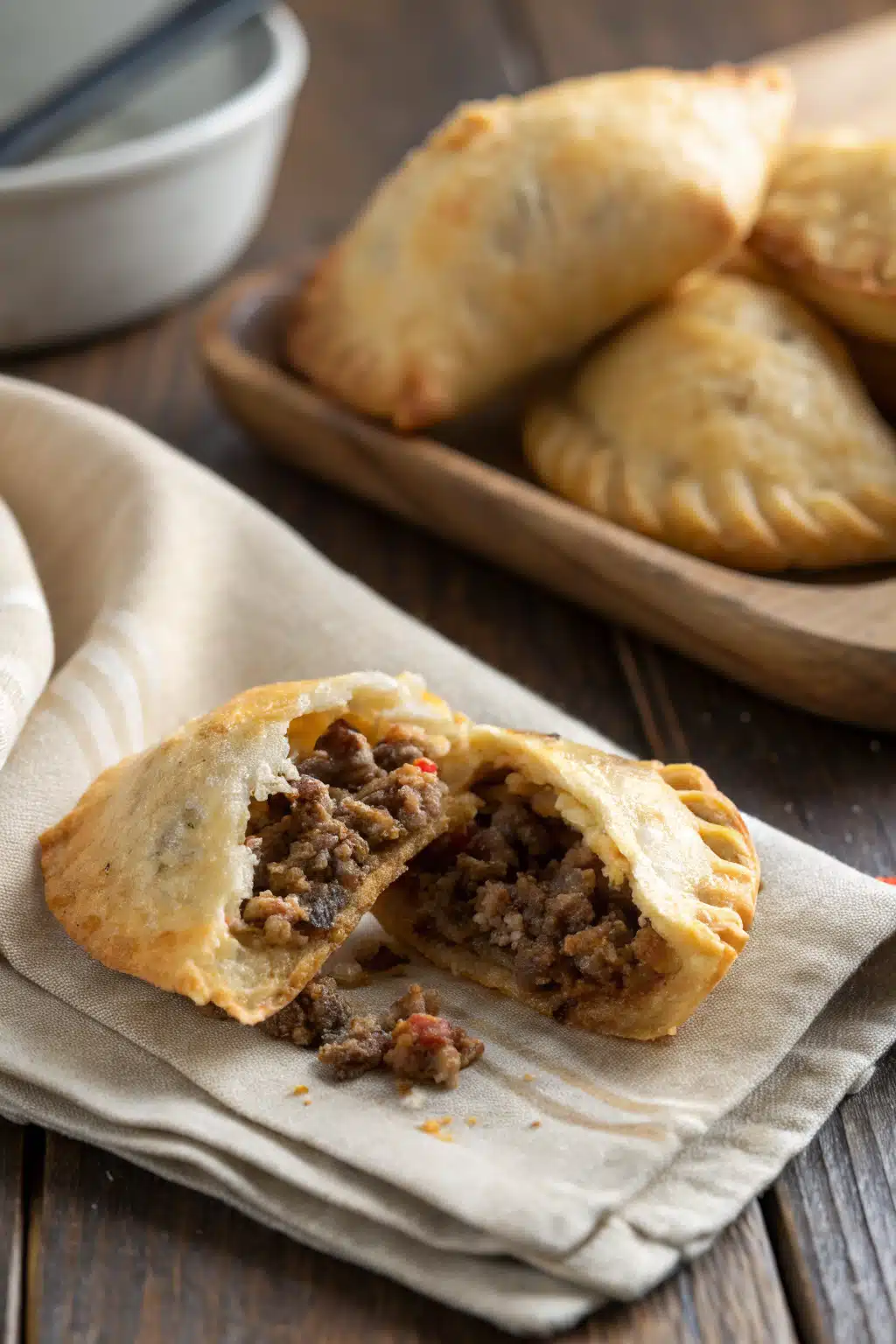 Air Fryer Beef Empanadas slice on plate showing perfect texture and swirl pattern