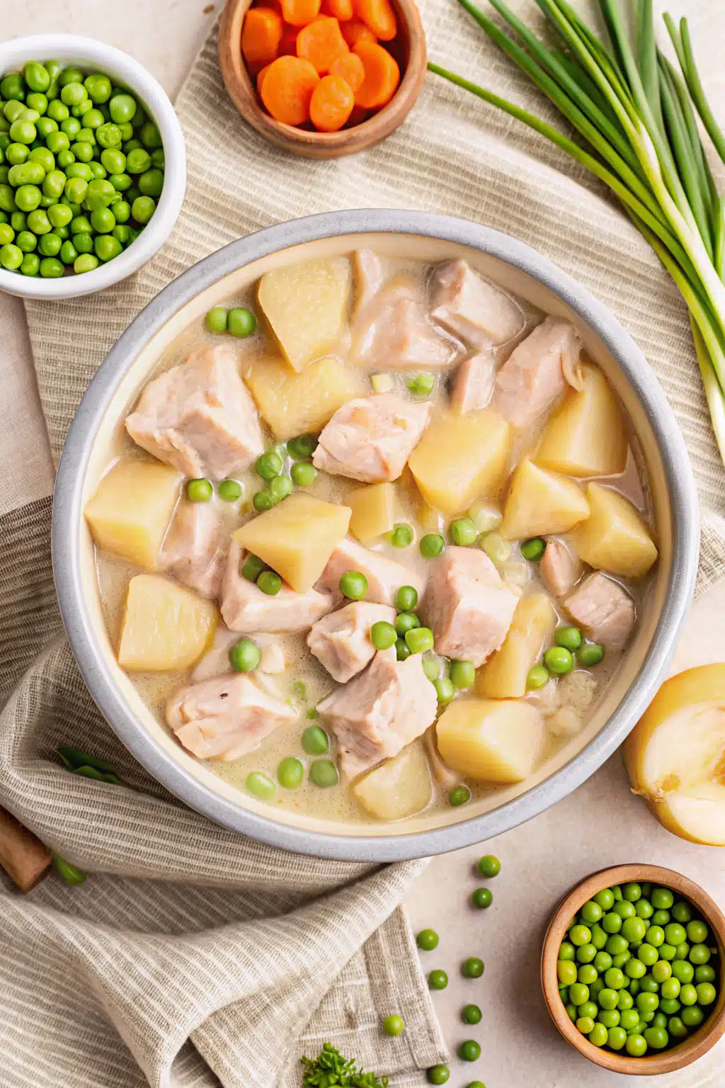 Crockpot Chicken Stew beautifully presented from an overhead angle