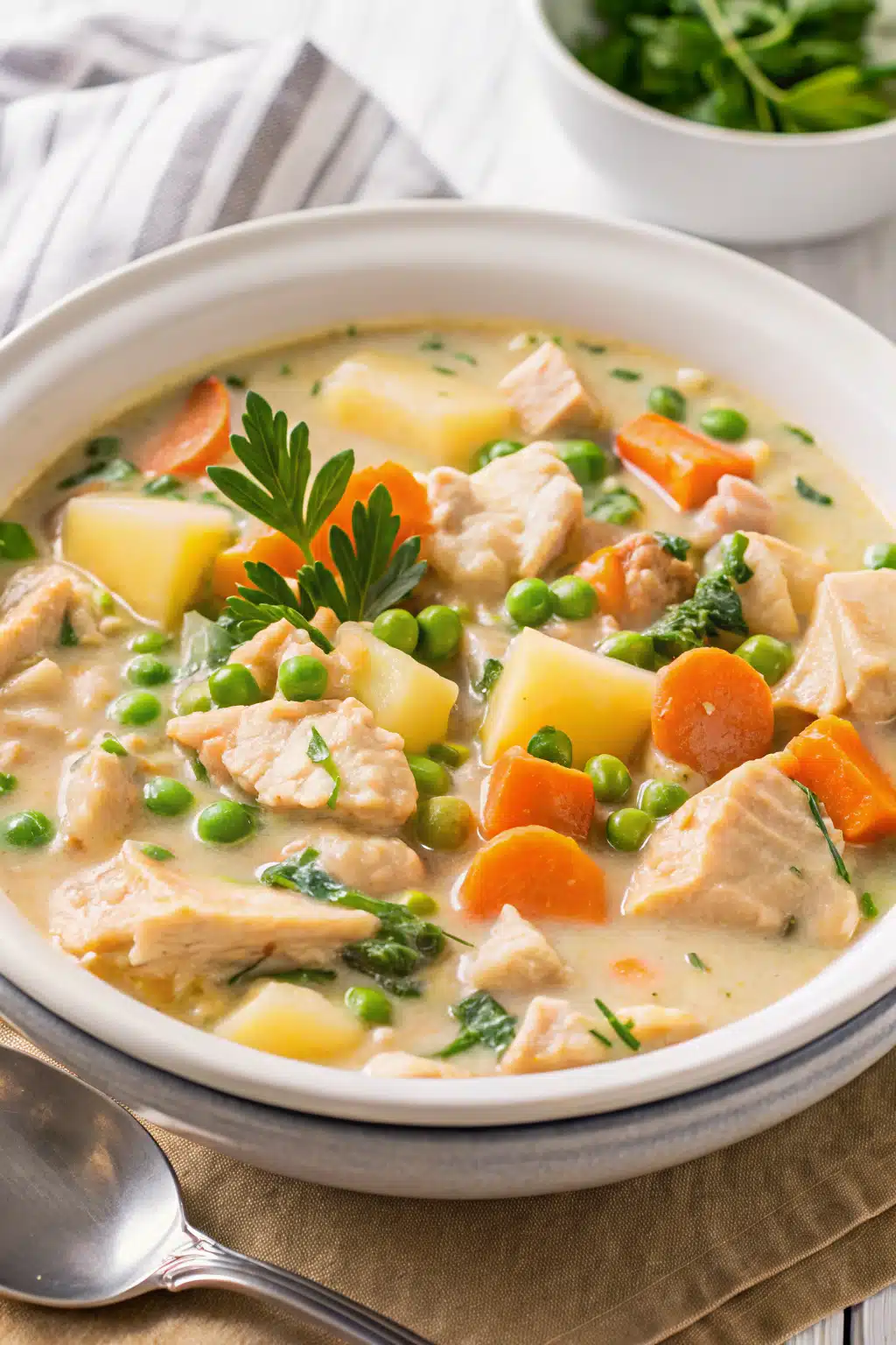 Crockpot Chicken Stew ingredients organized and measured on kitchen counter
