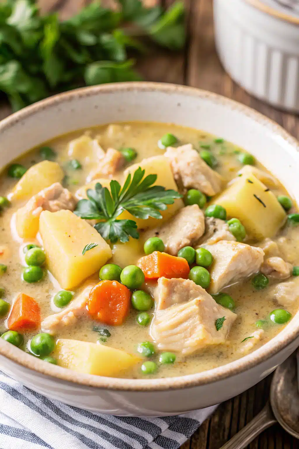 Crockpot Chicken Stew slice on plate showing perfect texture and swirl pattern