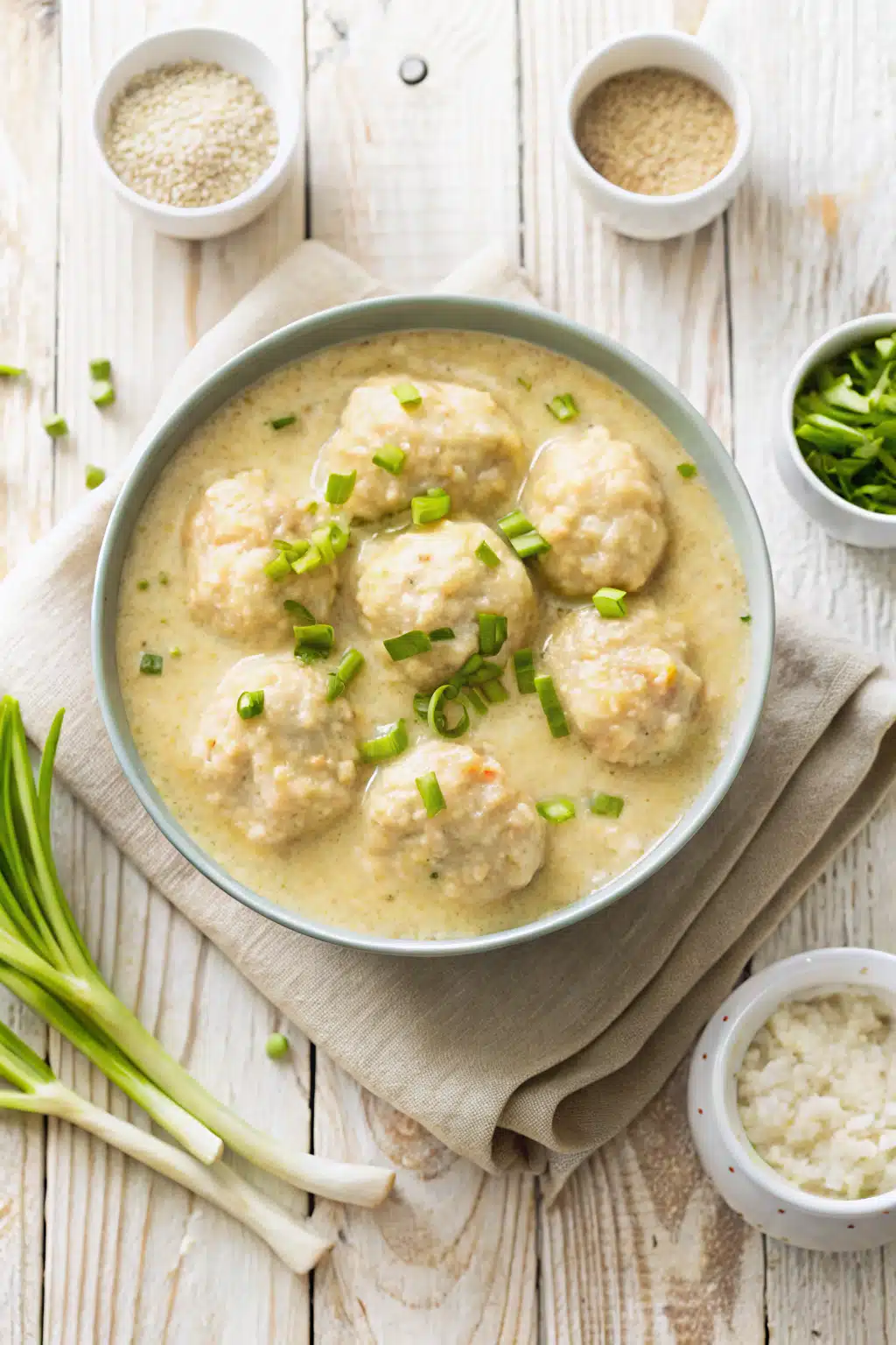 Crockpot Chicken And Dumplings beautifully presented from an overhead angle