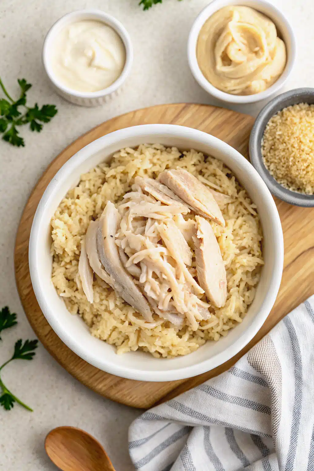 Crockpot Chicken and Gravy beautifully presented from an overhead angle