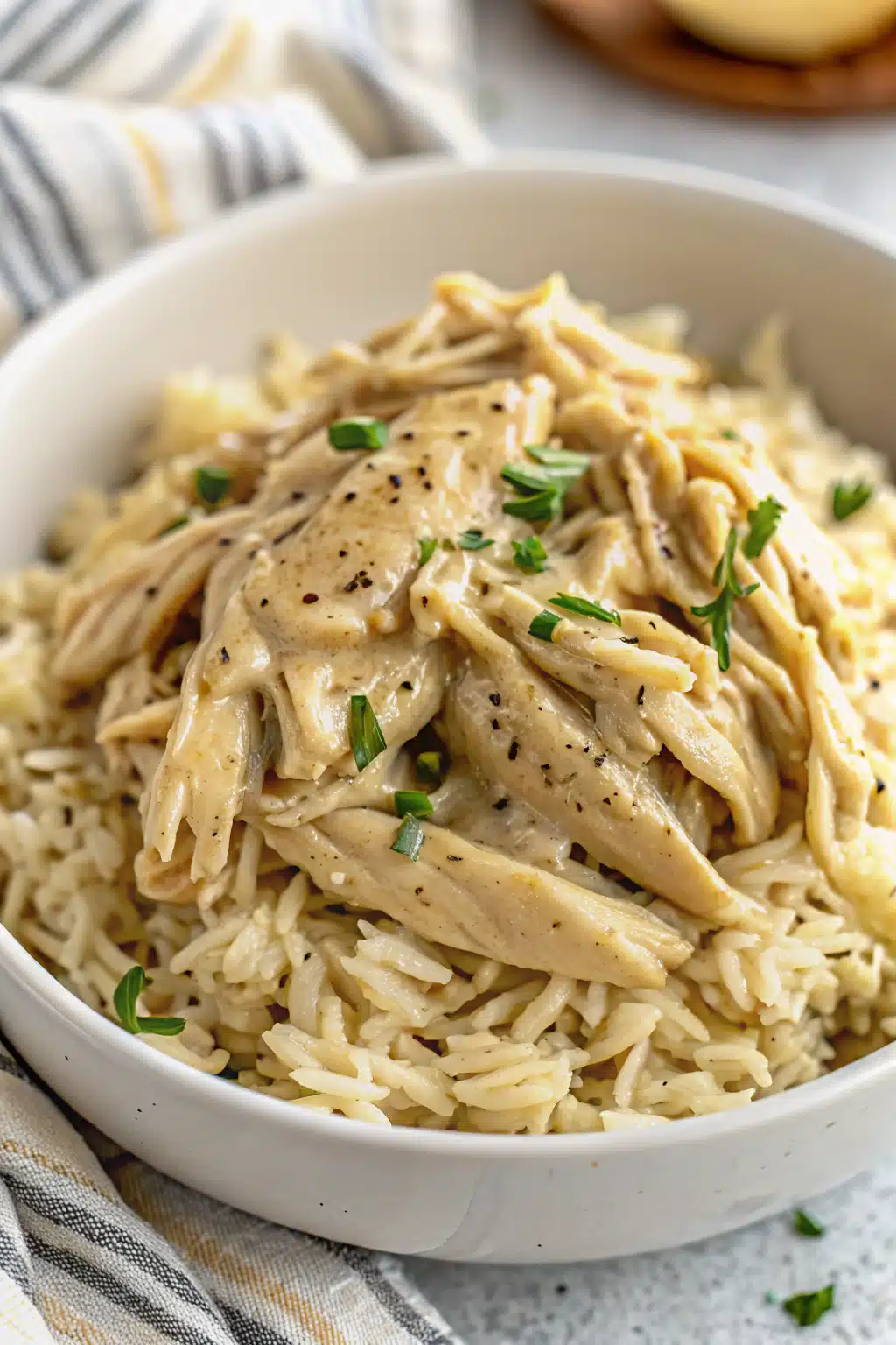 Crockpot Chicken and Gravy slice on plate showing perfect texture and swirl pattern