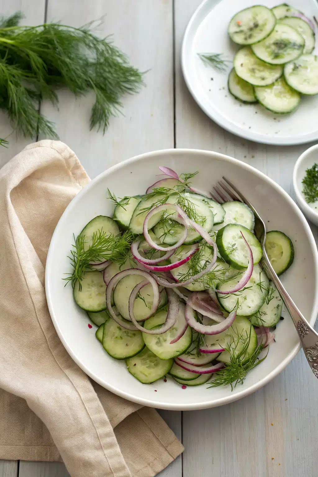 Easy Cucumber Salad beautifully presented from an overhead angle