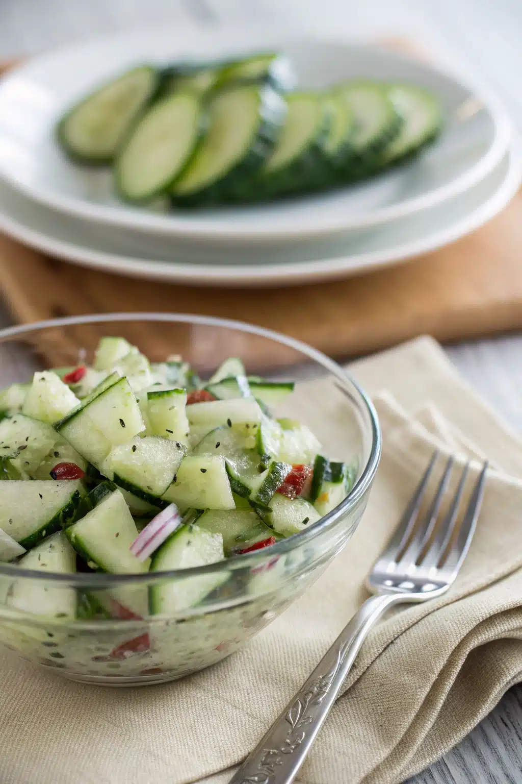 Easy Cucumber Salad ingredients organized and measured on kitchen counter