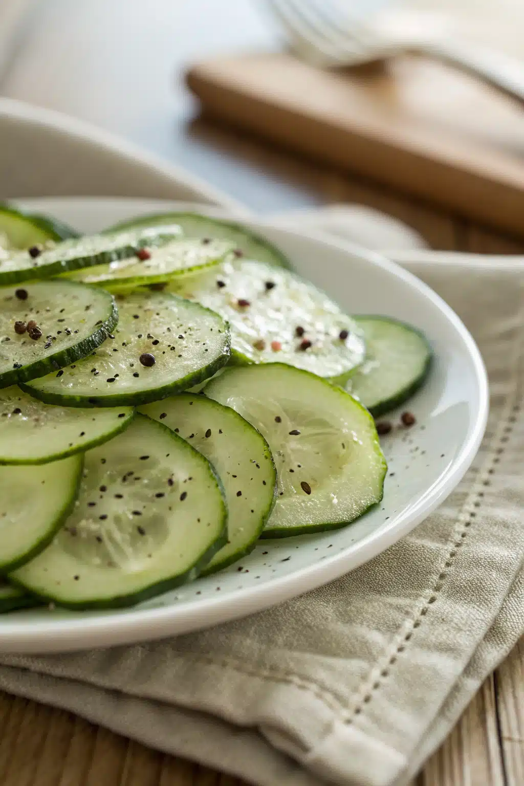 Easy Cucumber Salad slice on plate showing perfect texture and swirl pattern