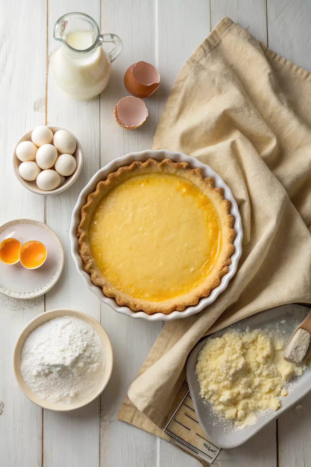 Homemade Custard Pie beautifully presented from an overhead angle