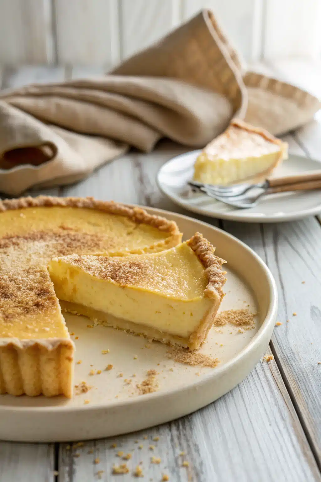 Homemade Custard Pie slice on plate showing perfect texture and swirl pattern