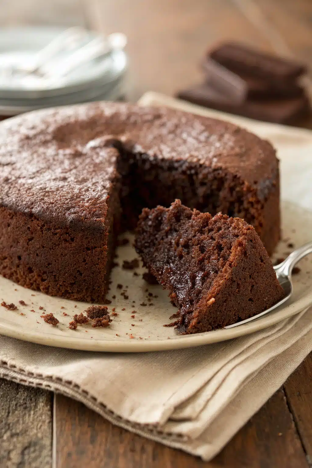 Guilt Free Chocolate Cake slice on plate showing perfect texture and swirl pattern