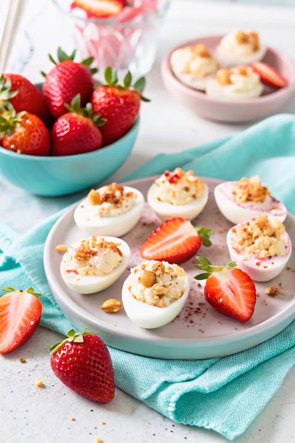 Cheesecake Deviled Strawberries beautifully presented from an overhead angle