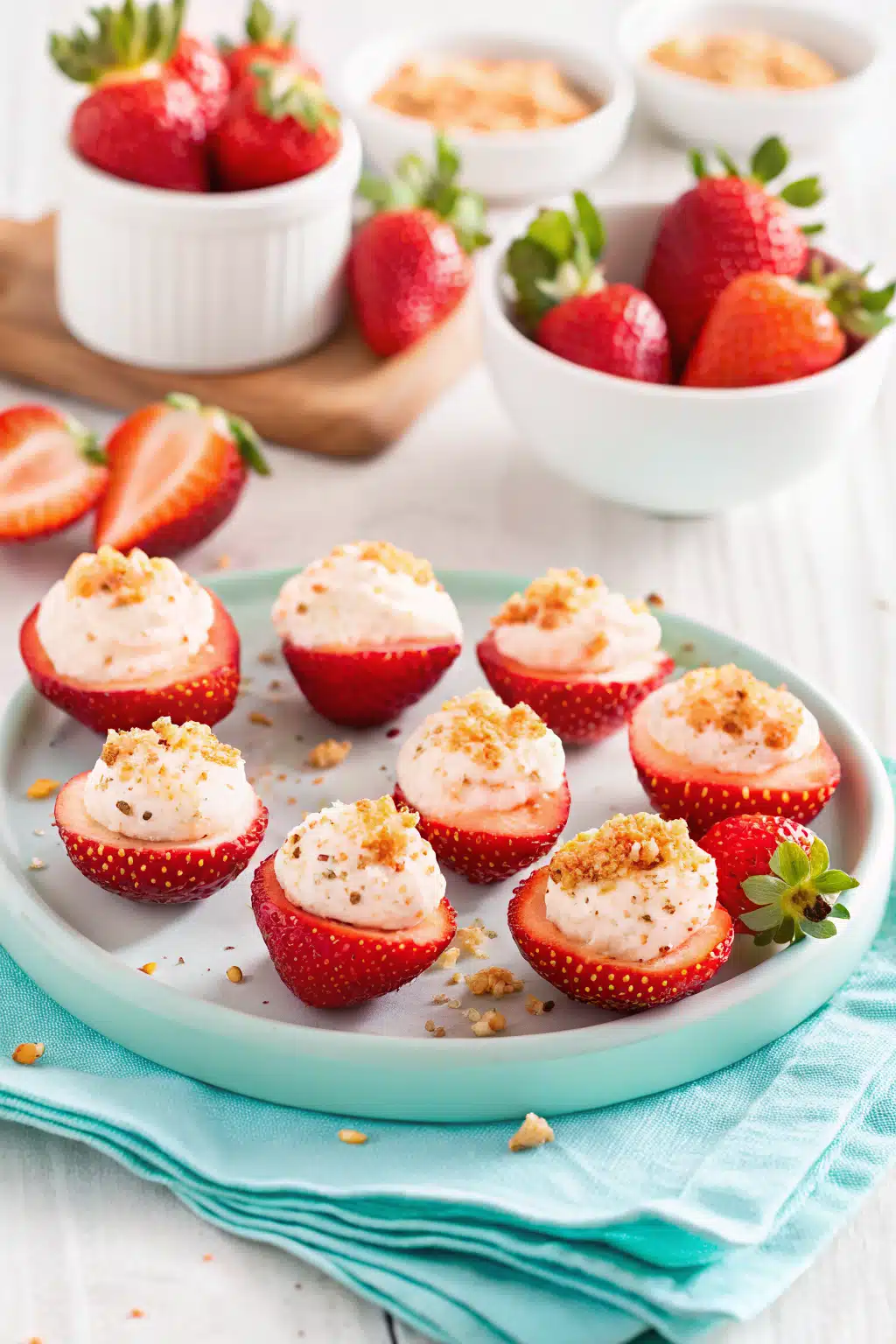 Cheesecake Deviled Strawberries ingredients organized and measured on kitchen counter