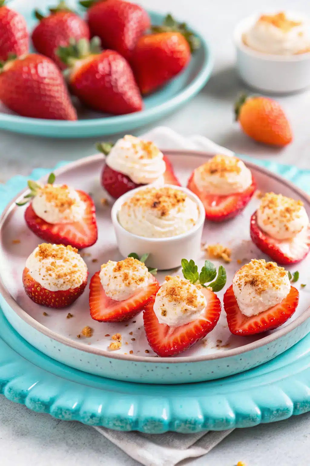Cheesecake Deviled Strawberries slice on plate showing perfect texture and swirl pattern