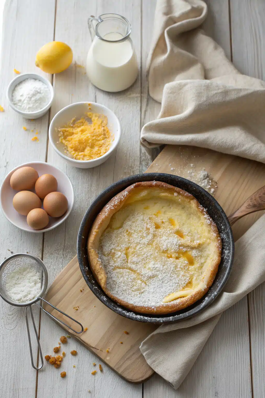 Easy Dutch Baby beautifully presented from an overhead angle