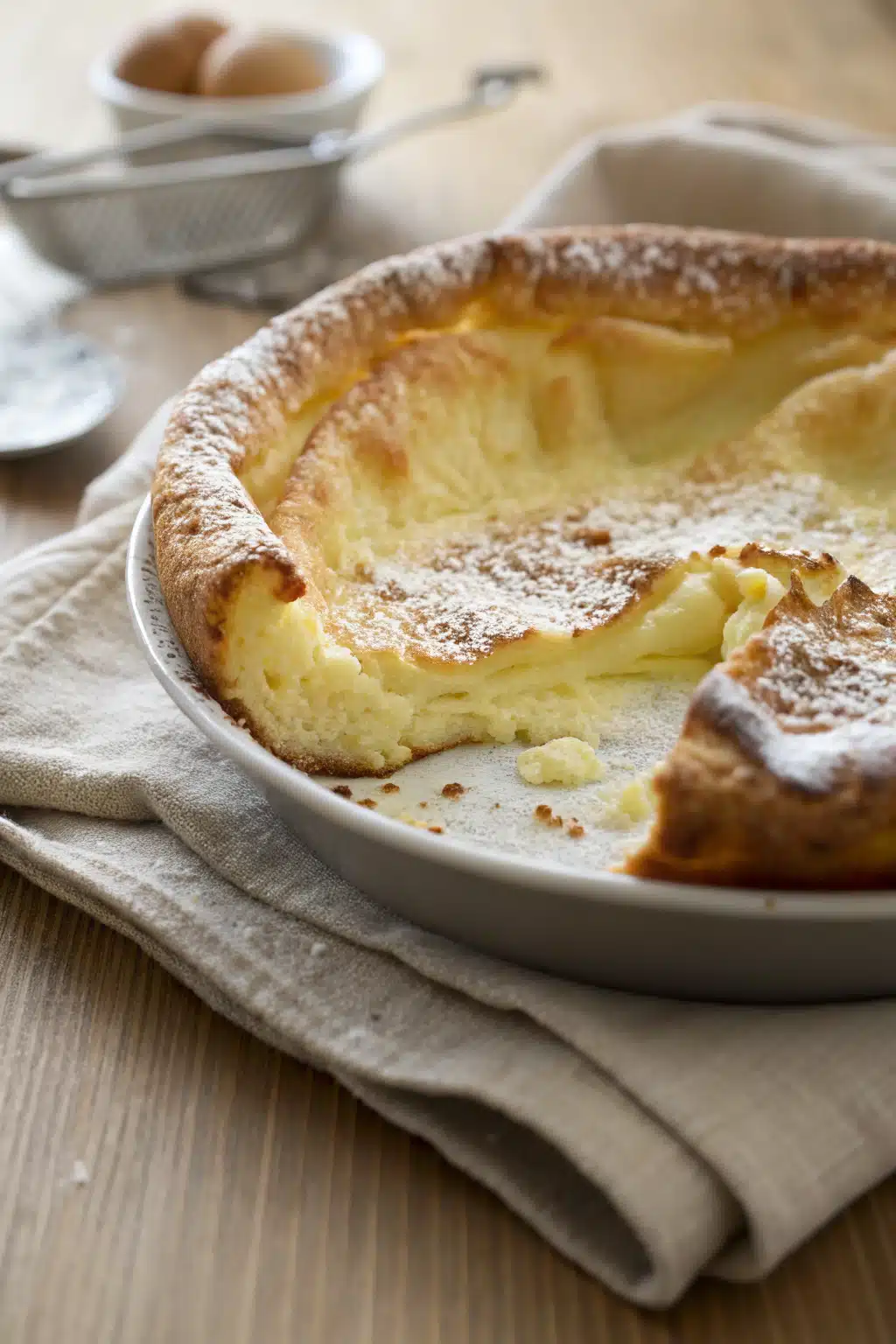 Easy Dutch Baby slice on plate showing perfect texture and swirl pattern