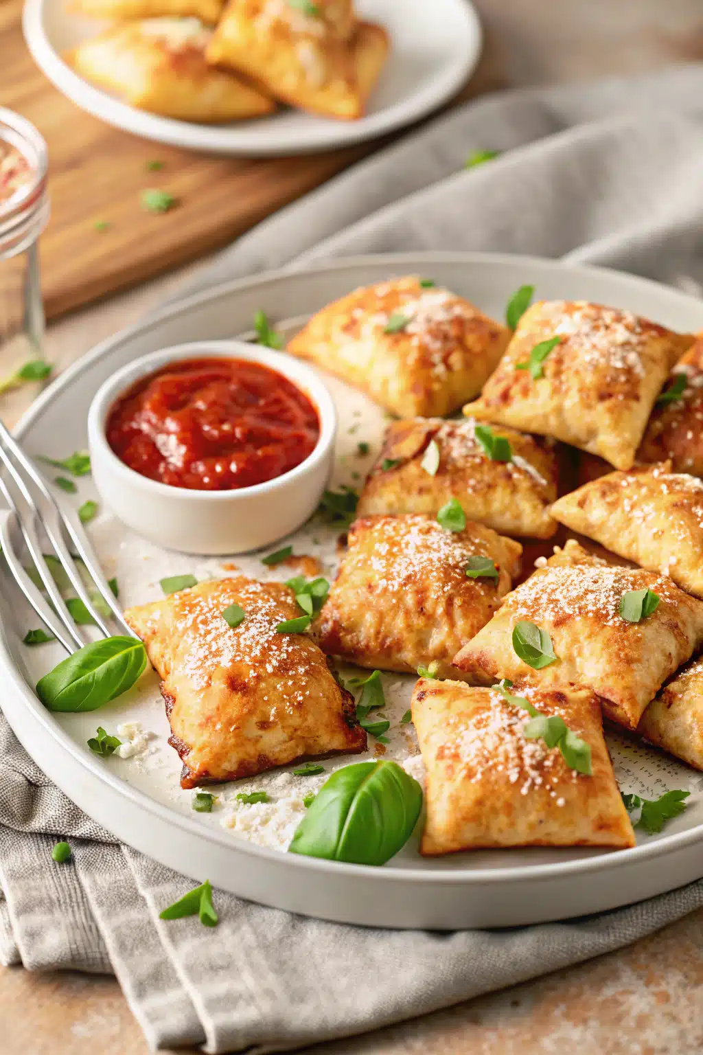 Air Fryer Pizza Rolls ingredients organized and measured on kitchen counter