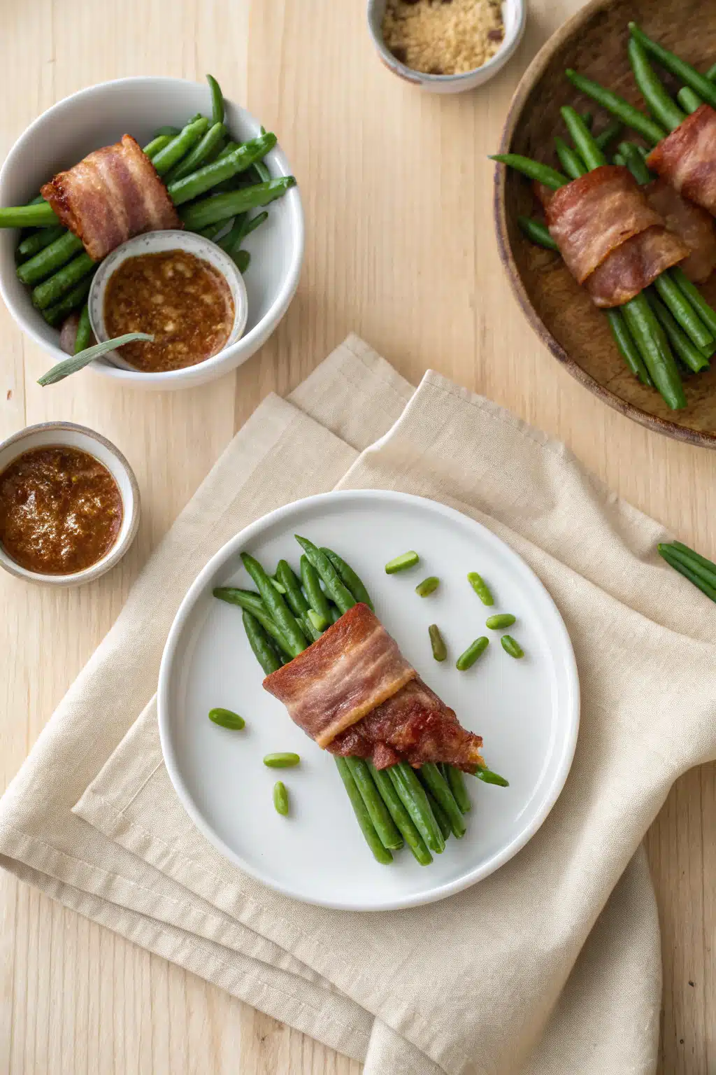 Bacon Wrapped Green Beans beautifully presented from an overhead angle