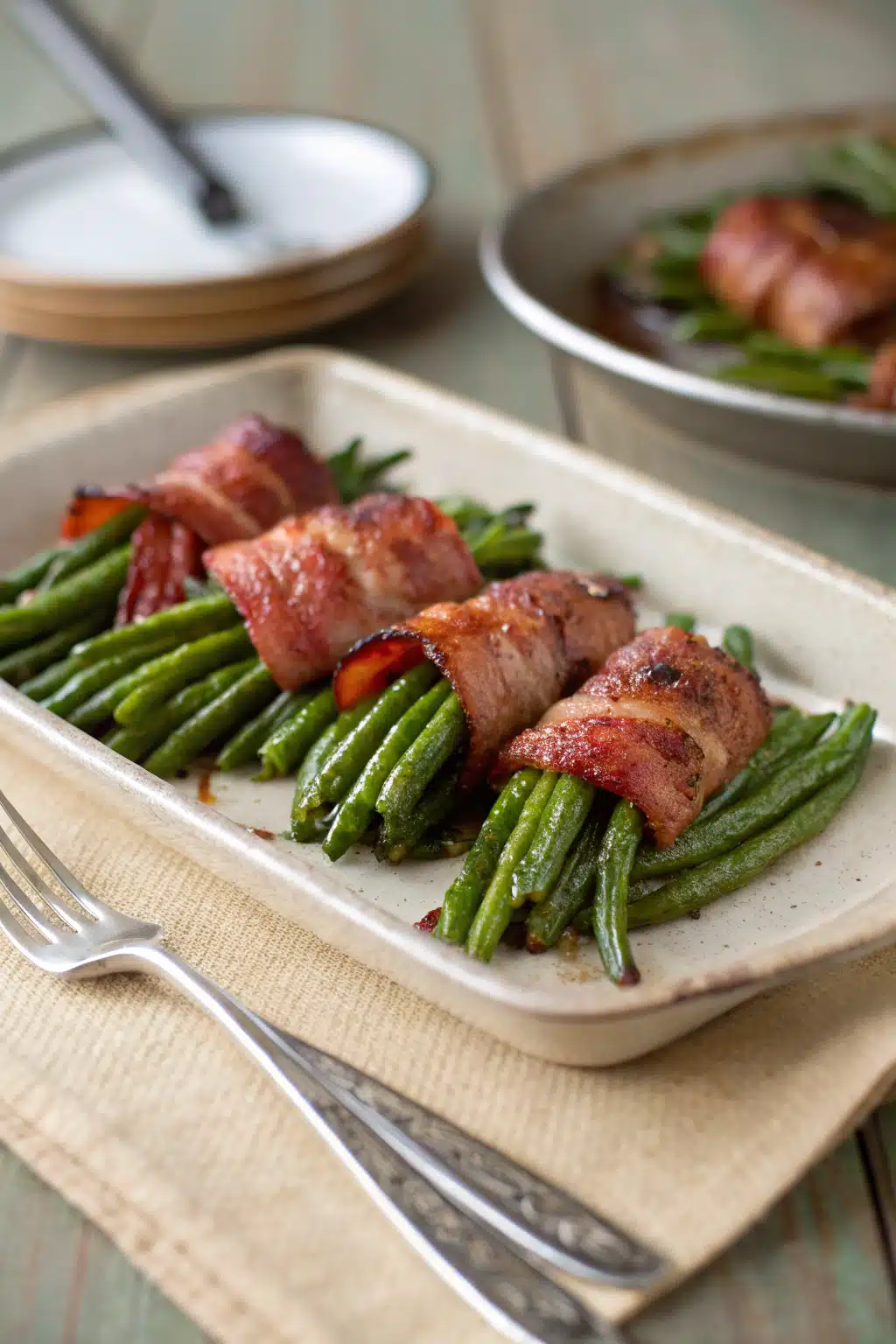 Bacon Wrapped Green Beans ingredients organized and measured on kitchen counter