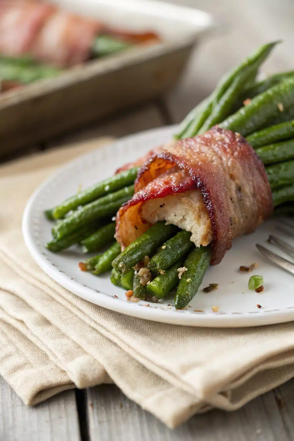 Bacon Wrapped Green Beans slice on plate showing perfect texture and swirl pattern