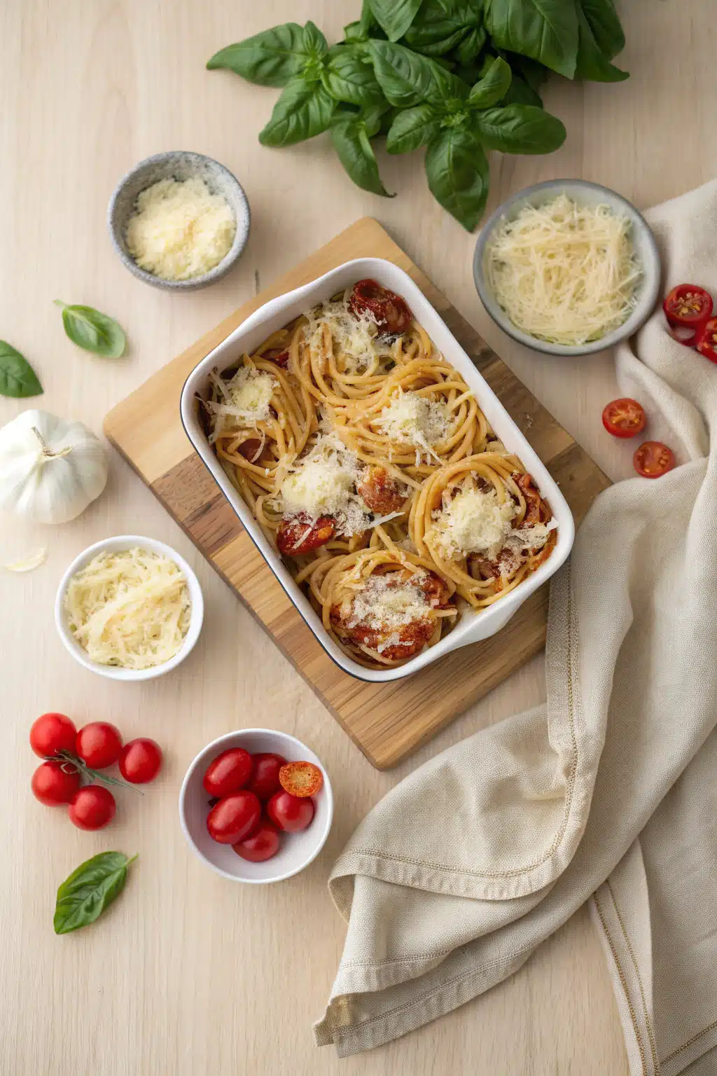 Baked Spaghetti Casserole beautifully presented from an overhead angle