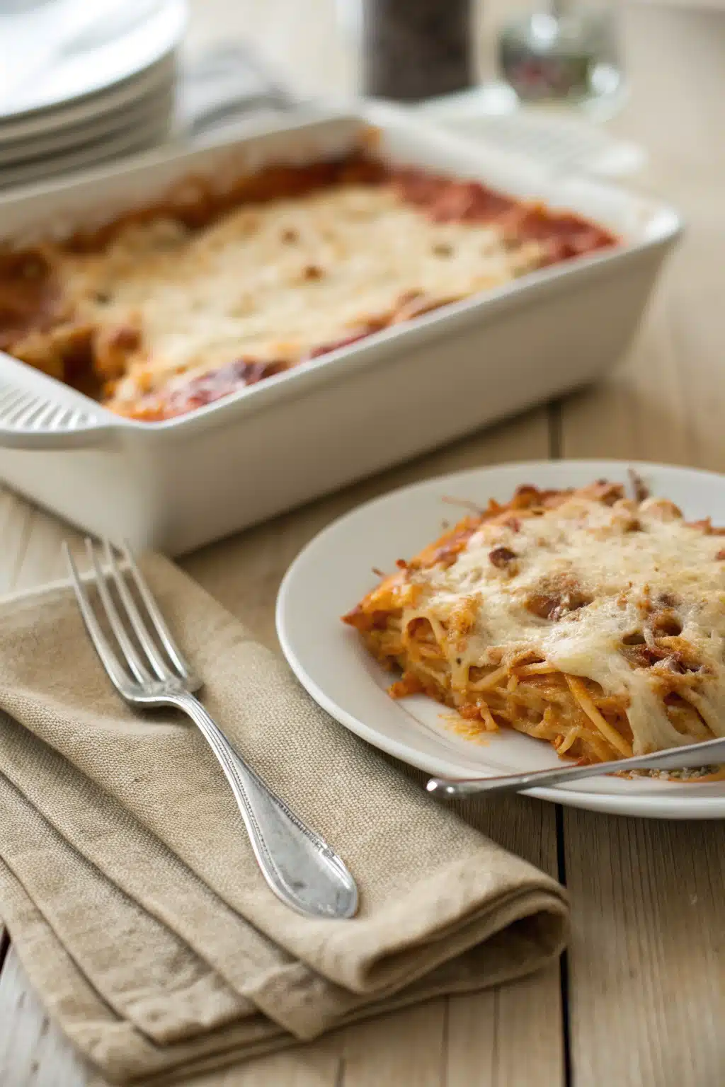 Baked Spaghetti Casserole ingredients organized and measured on kitchen counter