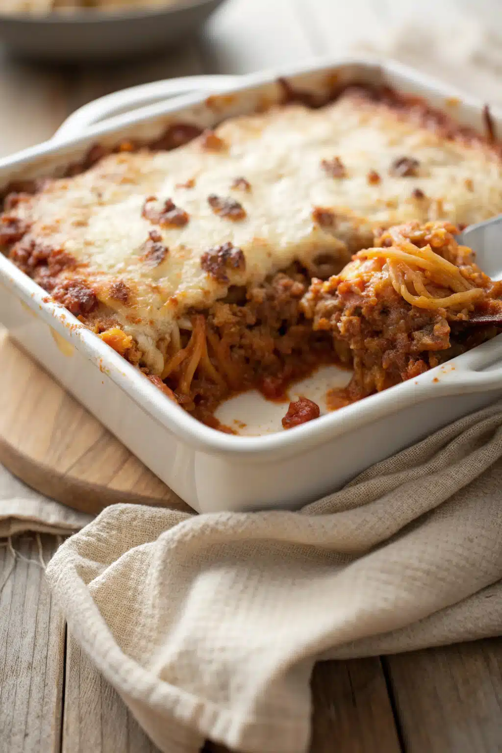 Baked Spaghetti Casserole slice on plate showing perfect texture and swirl pattern