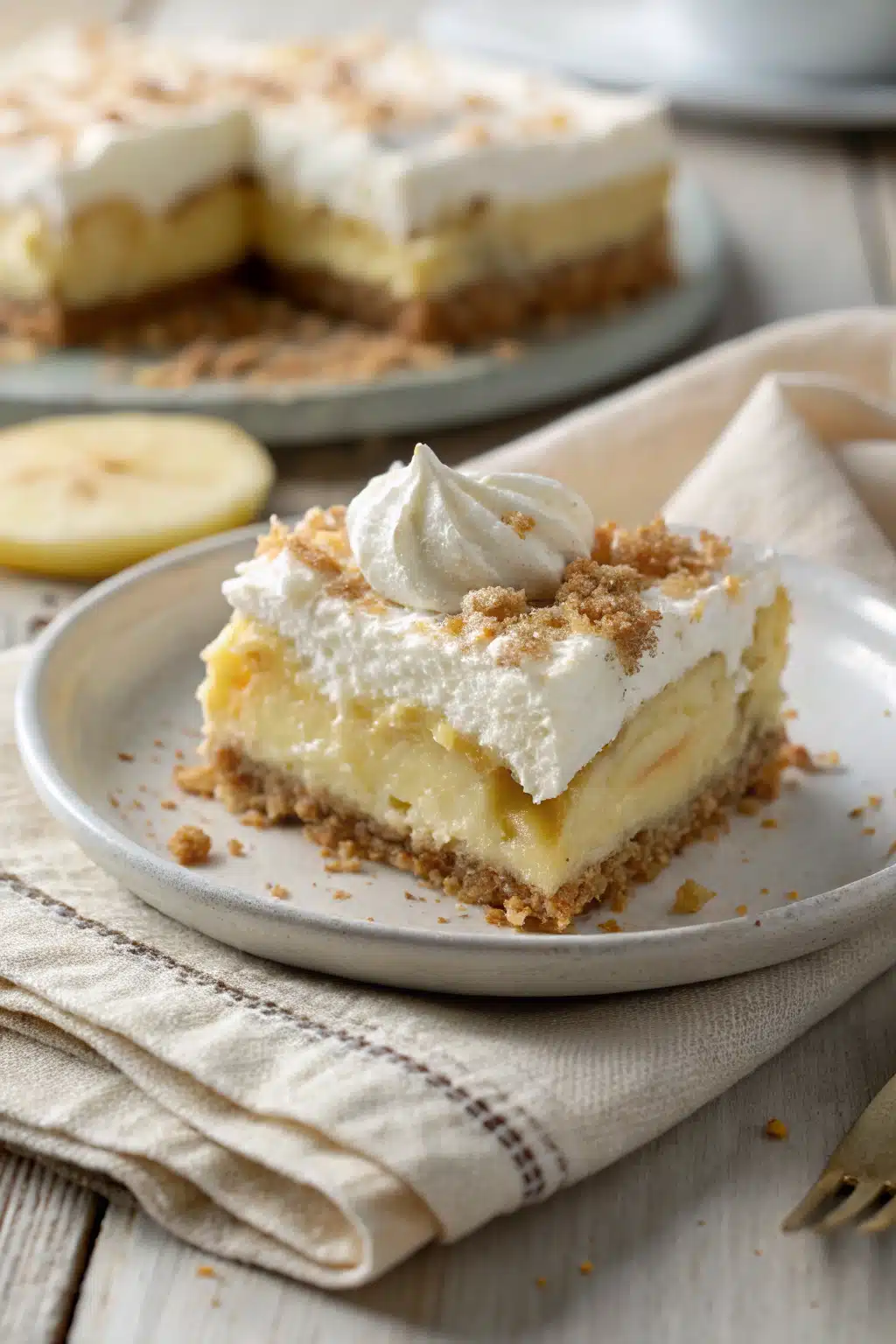 Banana Cream Pie Squares slice on plate showing perfect texture and swirl pattern