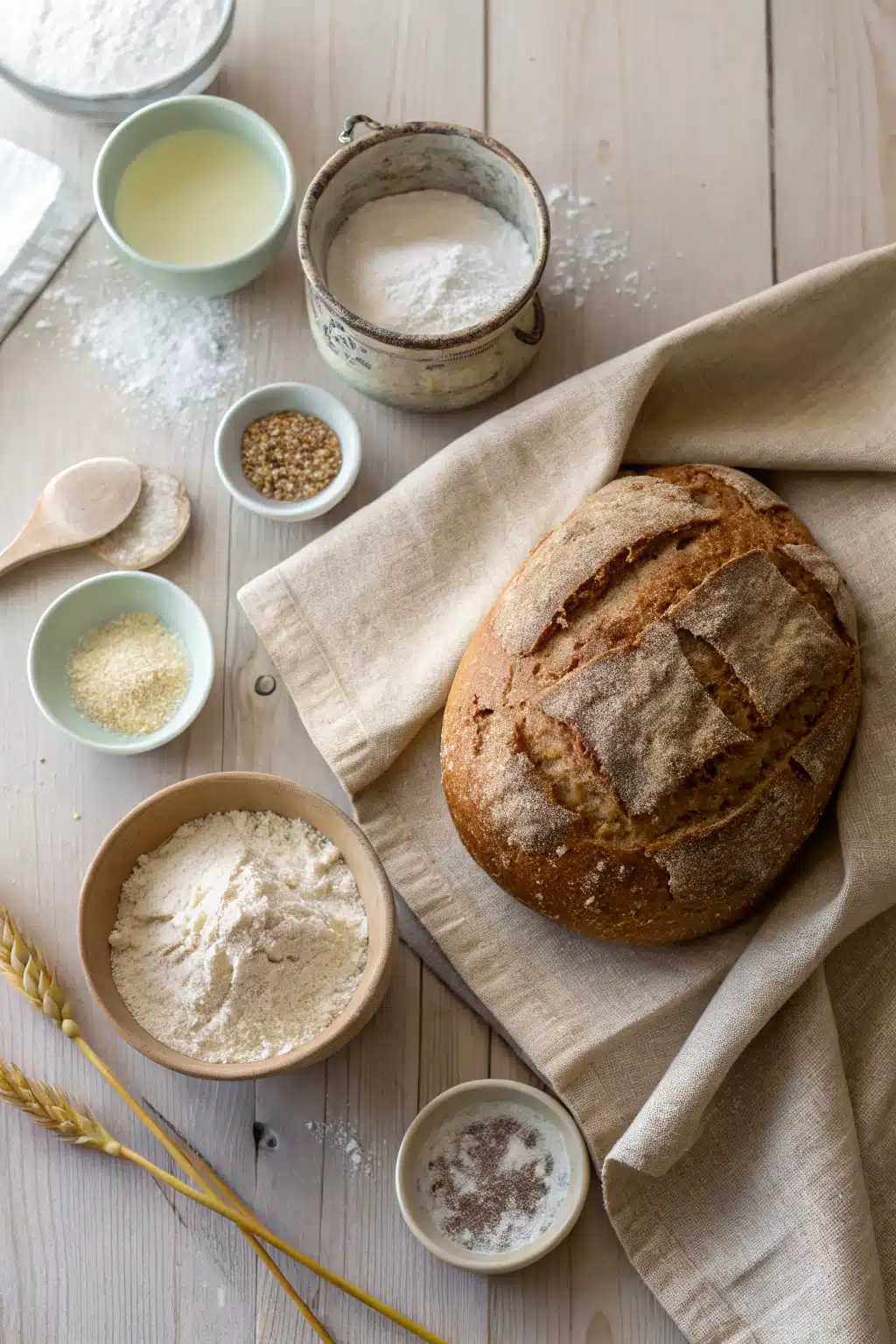 Simple Homemade Bread beautifully presented from an overhead angle