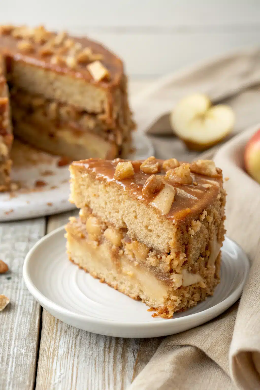 Caramel Apple Cake slice on plate showing perfect texture and swirl pattern