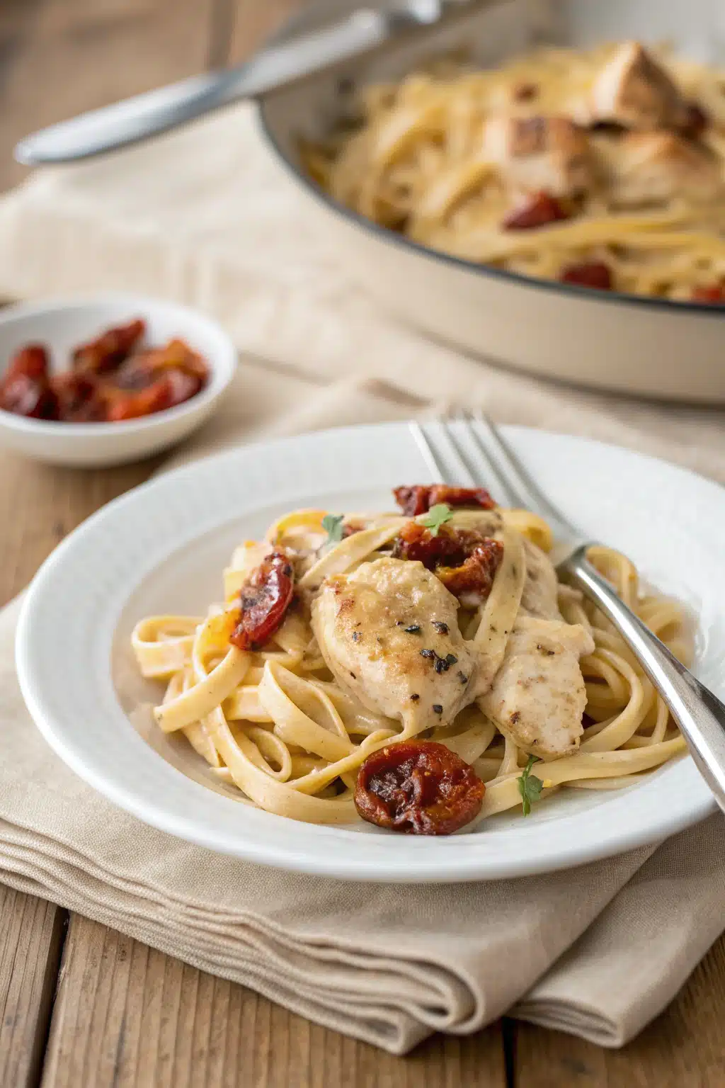Creamy Sundried Tomato Chicken Pasta ingredients organized and measured on kitchen counter