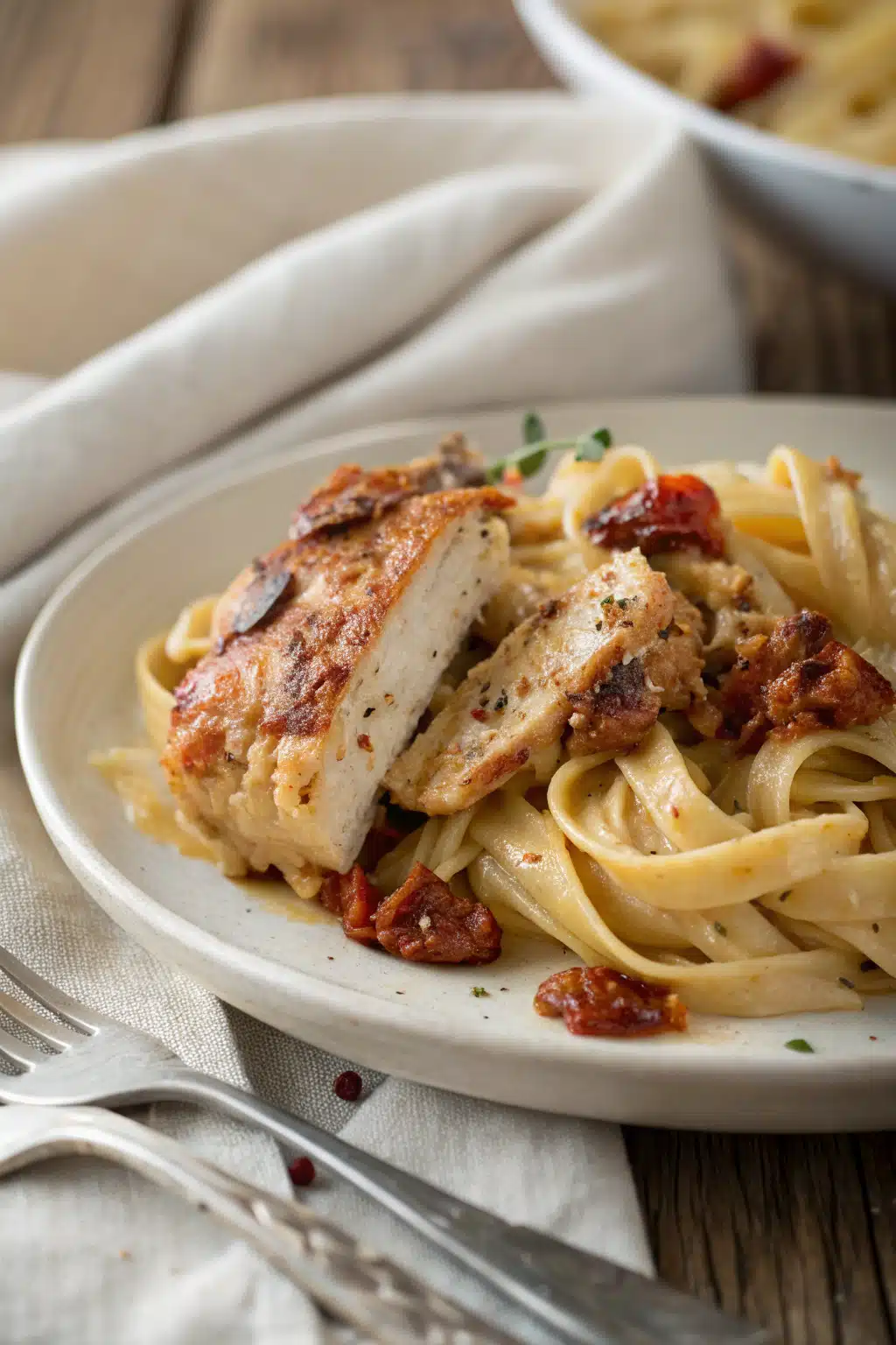 Creamy Sundried Tomato Chicken Pasta slice on plate showing perfect texture and swirl pattern