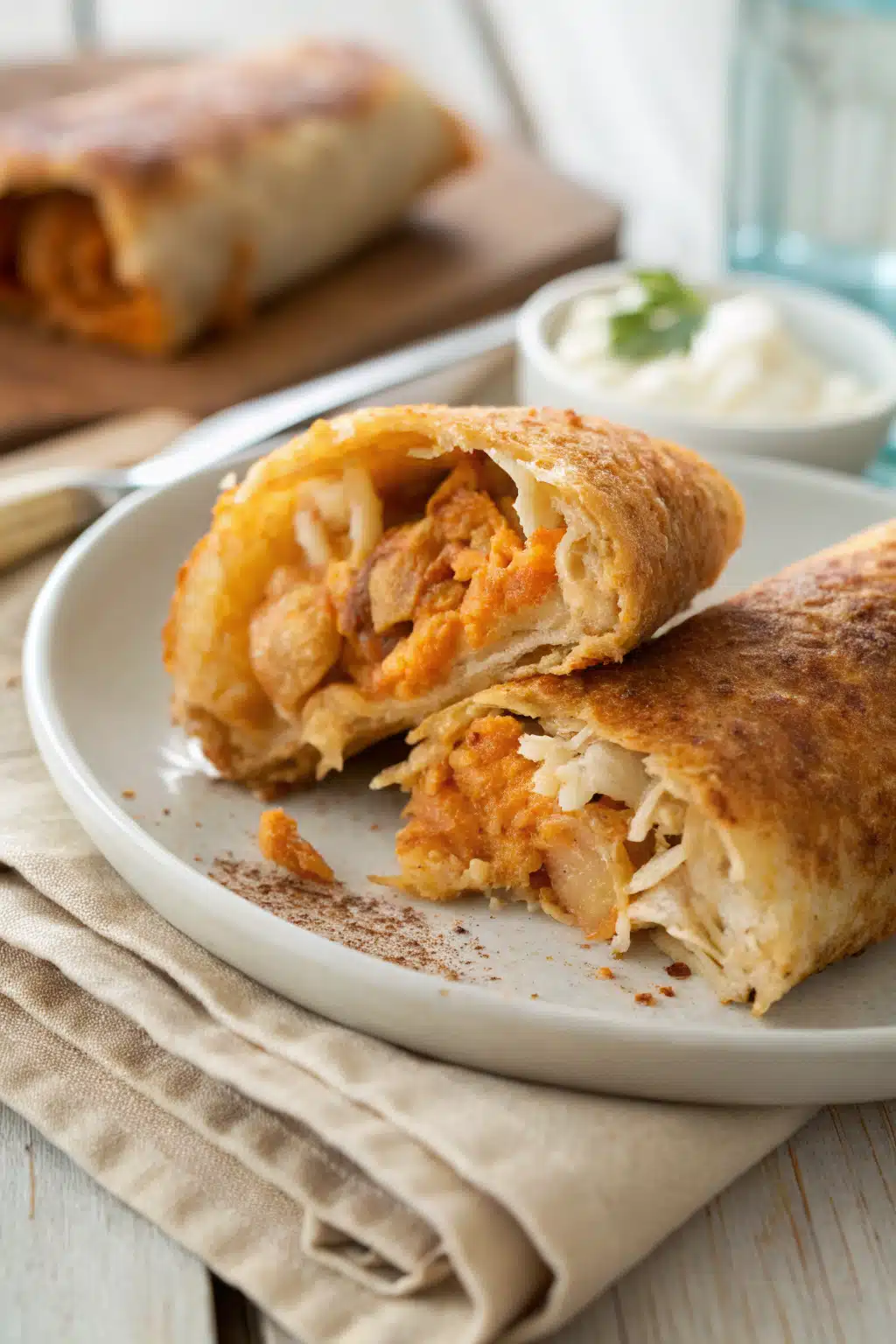 Chicken Chimichanga Recipe slice on plate showing perfect texture and swirl pattern