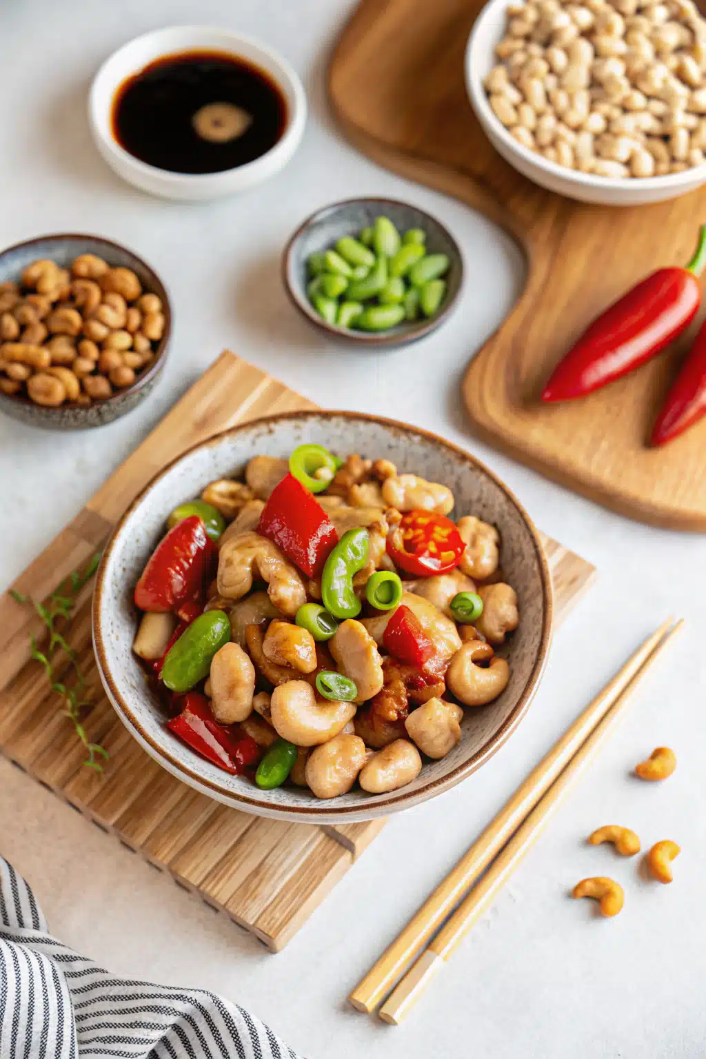 Keto Cashew Chicken beautifully presented from an overhead angle