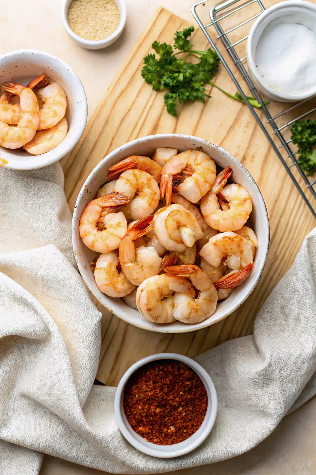 Air Fryer Shrimp beautifully presented from an overhead angle