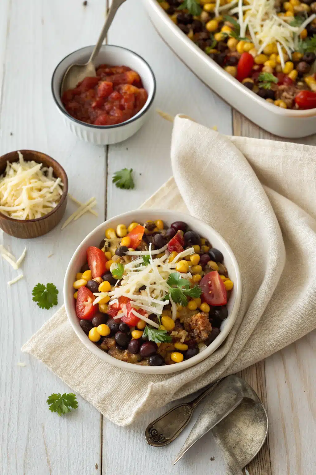 Mexican Veggie Casserole beautifully presented from an overhead angle