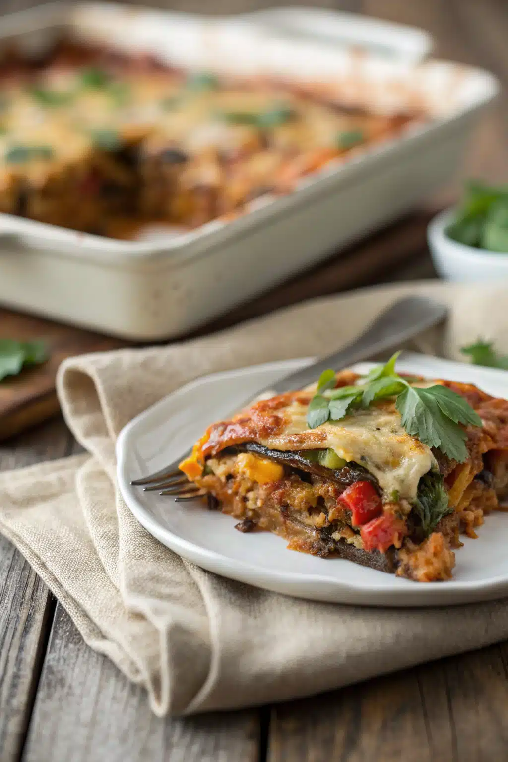 Mexican Veggie Casserole slice on plate showing perfect texture and swirl pattern