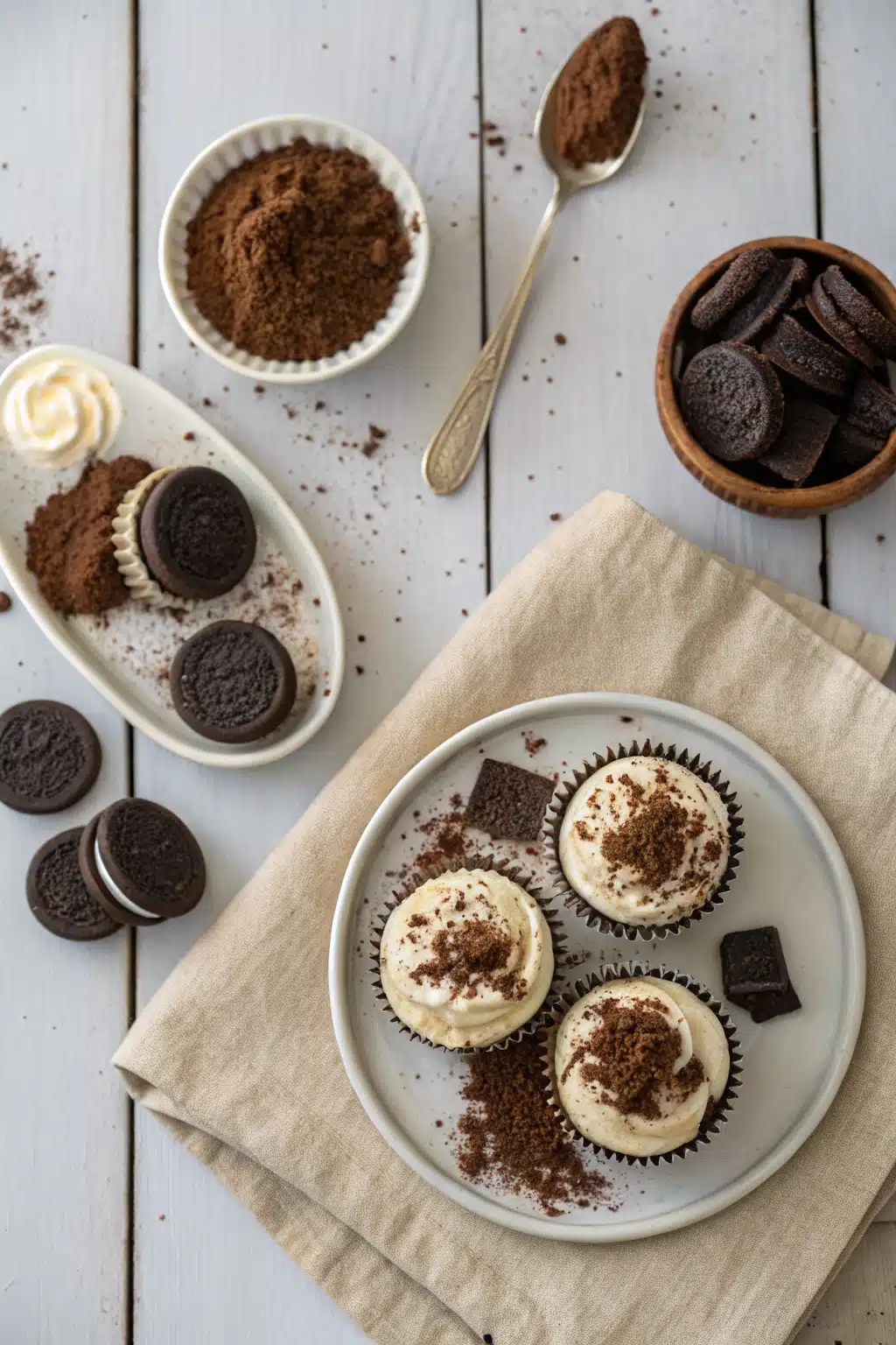 Oreo Cheesecake Cupcakes beautifully presented from an overhead angle