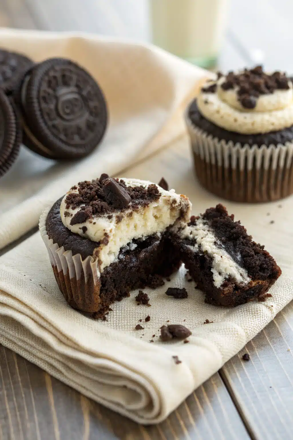 Oreo Cheesecake Cupcakes slice on plate showing perfect texture and swirl pattern